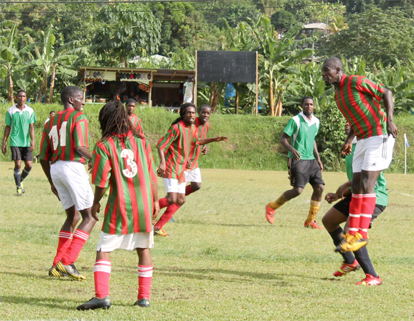 A scene from the showpiece in Saturday double header at the Marigot Playing Field ( Photo: Anthony De Beauville)