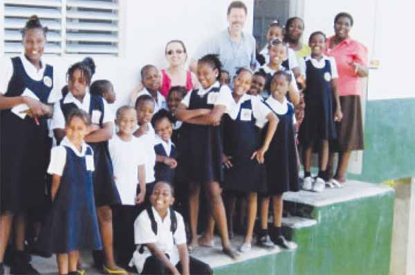 Students and teachers outside the Bouton School.