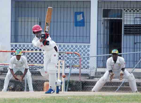 St. Lucia opening batsman Chaz Cepal plays one down the leg side [Photo: Anthony De Beauville]