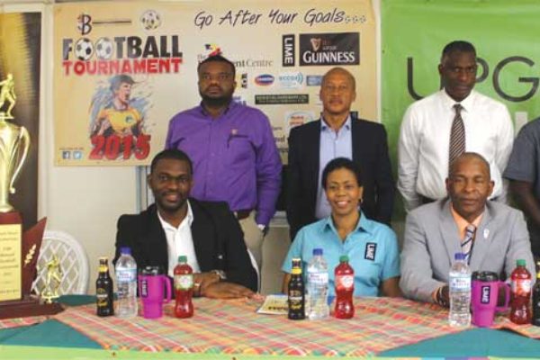 (L-R) Back row - Guinness Brand Manager Sylvester Henry, Director All Inc Cuthbert Didier, General Manager St. Lucia Insurances Alvin Malaykhan, Blackheart Football Analyst - Tennyson Glasgow. (L-R) Sitting front (L-R) SLFA Vice President Northern Region - Chad Desir, Lime Representative Cheryl Francis, Blackheart Production CEO David Christopher and Blackheart Director - Brian Mc Donald. [Photo: Anthony De Beauville]