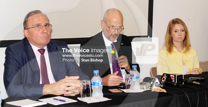 Image: From left to right: French Ambassador to Saint Lucia, Eric de la Moussaye, EU Ambassador Mikael Barfod and British High Commissioner to Barbados, Victoria Dean. [PHOTO: Stan Bishop] 