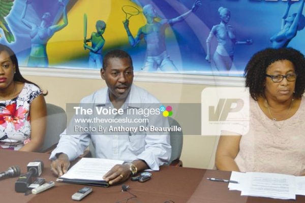 Image: (L-R) Ministry of Youth Development and Sports officials Maundy Lewis, Jim Xavier and Claudia Jn Baptiste -Noel (Photo By Anthony De Beauville)