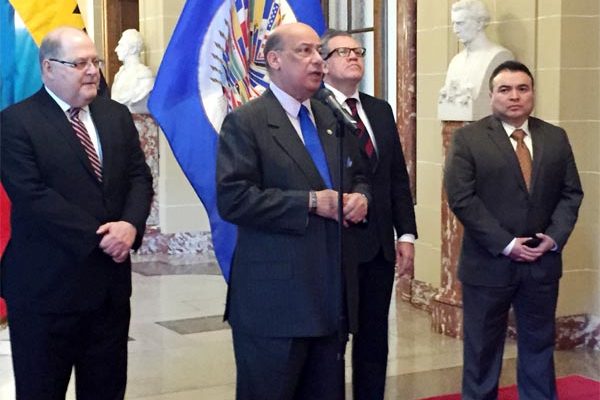 Image: From left to right: Venezuela Ambassador Bernardo Alvarez Herrera, Sir Ronald Sanders, Secretary-General LuisAlmargoLemes, Assistant Secretary-General Nestor Mendez