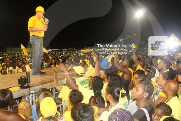 img:Prime Minister Chastanet addressing Sunday’s rally at Micoud [PHOTO: Stan Bishop]
