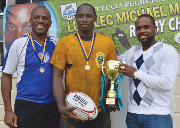 (L-R) SLRFU President Roger Butcher, VBCC Stringers male captain Jerry Charles and Ricky Mathurin (Photo Anthony De Beauville)