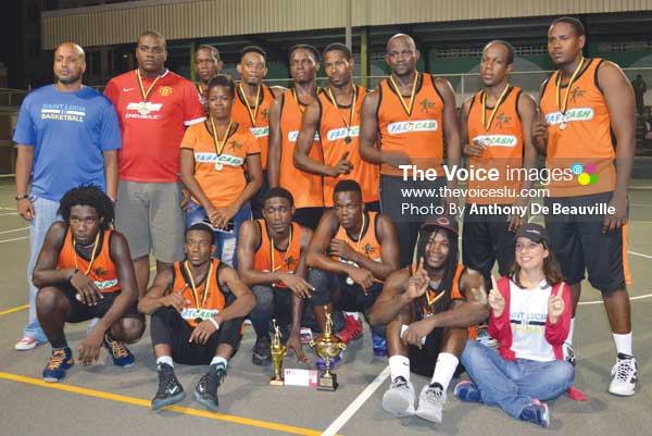 Image: A photo moment for SLBF Division 1 Champions Run N Gun, SLBF President (far left )and NFC representative (far right bottom row) (Photo Anthony De Beauville)