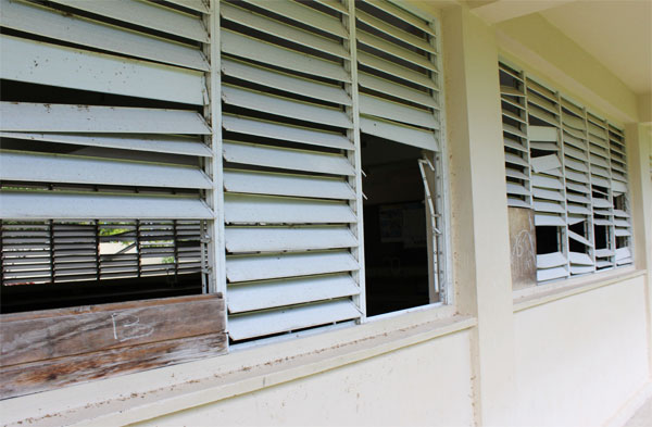 Section of the Soufriere Comprehensive Secondary School with broken windows.