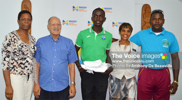 Image: (L-R) Schools Sports Coordinator Isabel Marquis, Massy United Insurance Director Hollis Bristol, Cricketer KimaniMellus, Massy United General Manager Faye Miller and Cricket Coach in the Ministry of Youth Development and Sports Alton Crafton. (PHOTO: Anthony De Beauville)
