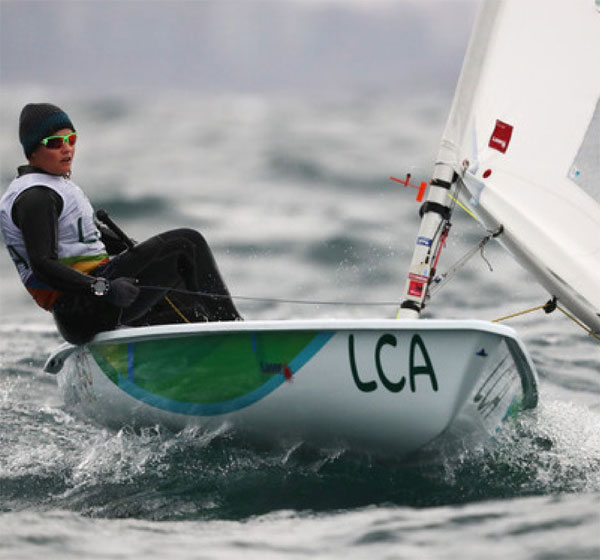 Image: Stephanie Lovell of St. Lucia competes in the Women’s Laser Radical class on Day 5 of the Rio 2016 Olympic Games at the Marina da Gloria.