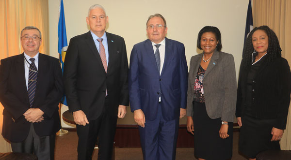 img: Left to right - Deputy Chief of Mission in the French Embassy, Philippe Seigneurin, Prime Minister of Saint Lucia, Allen Chastanet, Minister in the Ministry of External Affairs Sarah Flood–Beaubrun, and Permanent the Min. of External Affairs, Dr. Rufina Frederick.