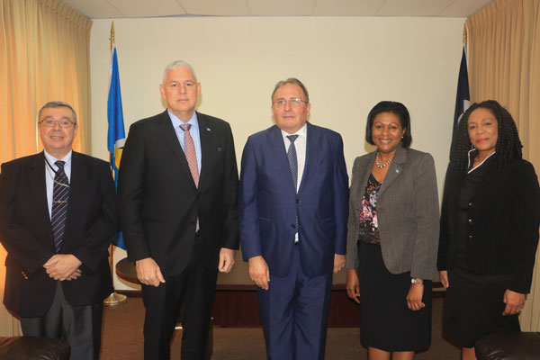 img: Left to right - Deputy Chief of Mission in the French Embassy, Philippe Seigneurin, Prime Minister of Saint Lucia, Allen Chastanet, Minister in the Ministry of External Affairs Sarah Flood–Beaubrun, and Permanent the Min. of External Affairs, Dr. Rufina Frederick.
