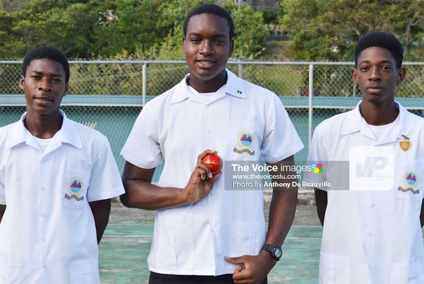 Image: (L-R) SMC captain Rahym Joseph, seamer Nyheem Rosemond and century maker Steven Mitchell. (PHOTO: Anthony De Beauville)