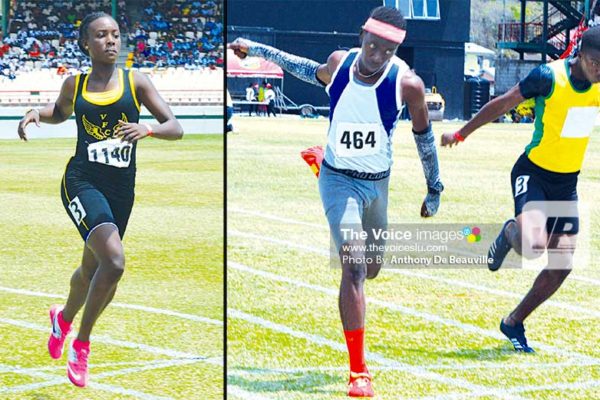Image: (L-R) Kimani Alphonse wins the Girls 200 metres; Close finish in the Boys Under-18 between Tyrese Paul and Jeanmeachel Etienne. (PHOTO: Anthony De Beauville)