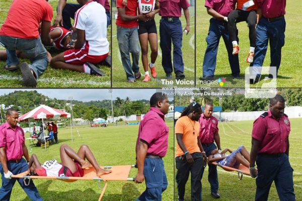 Image: Medical personnel attending to and carrying out some of the students during the meet at the Mindoo Phillip Park. (PHOTO: Anthony De Beauville)
