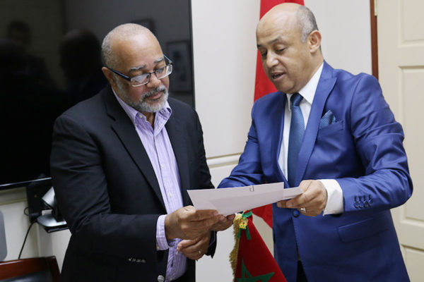 Image: Ambassador of the Kingdom of Morocco, AbderrahimKadmiri, (right) presents credentials to OECS Director General, Dr.Didacus Jules.