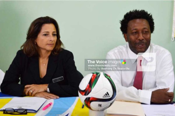 Image: (l-r) FIFA Instructor/Consultant Andrea Rodebaugh and SLFA President Lyndon Cooper speaking at the opening ceremony. (Photo: Anthony De Beauville)
