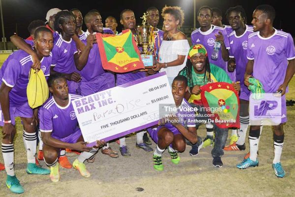 Image: Grenada Paradise FC team celebrates on Saturday evening. (Photo: Anthony De Beauville)