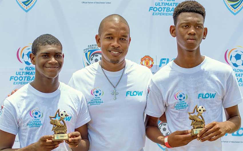 Image: (L-R) Picture moment for last year’s winners Jeremiah Justin, along with Flow Communication Specialist Terry Finisterre and Ajal Augustin. (Photo: TF) 