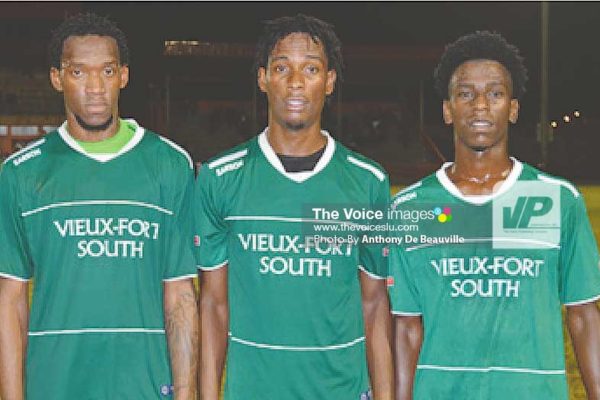 Image: VFS goal scorers against Anse la Raye Gregson President, Antonio Joseph and Ricardo Miller. (Photo: Anthony De Beauville)