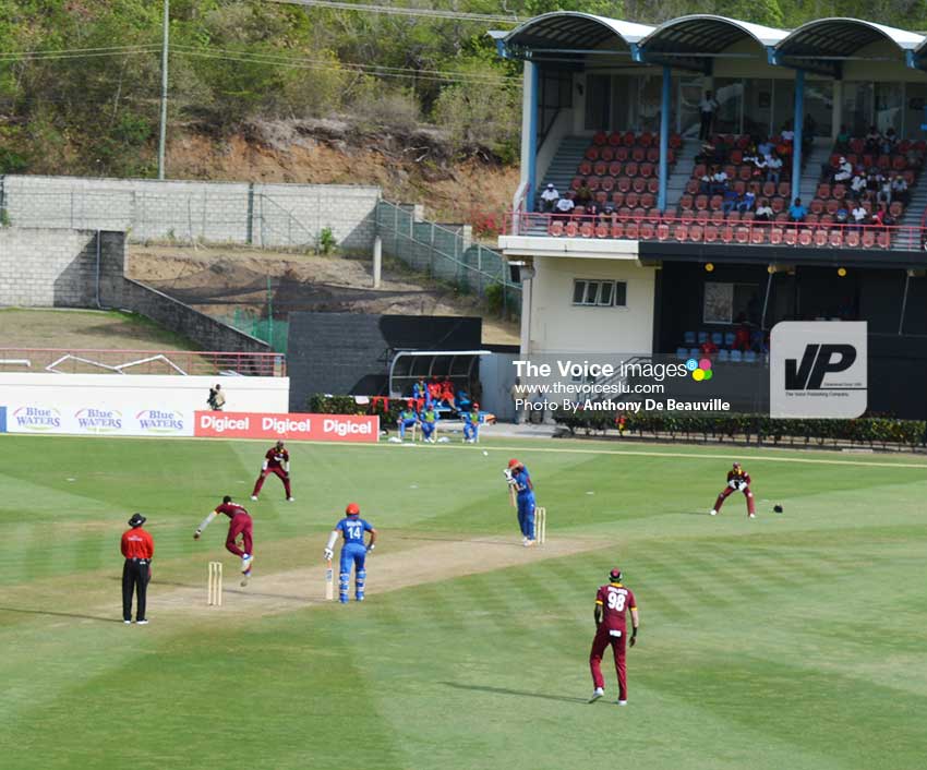 Image: Action on the pitch Alzarri Joseph bowling to GulbadinNabi. (Photo: Anthony De Beauville)