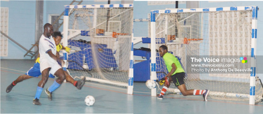 Image: Lively action in front of goal between Windjammer and WLBL; Arktel goalkeeper Quain Williams came up with a big save during the penalty shootout against LUCELEC. (Photo: Anthony De Beauville)