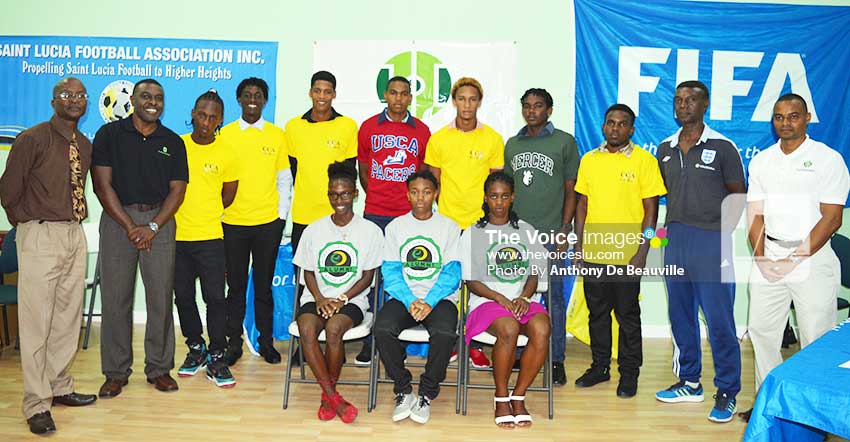 Image: A proud moment for Saint Lucian student athletes flanked by PS Donavan Williams, Free Kick Foundation CEO, Aaron King, Rohan Lubon and SLFA Technical Director Cess Podd. (Photo: Anthony De Beauville)