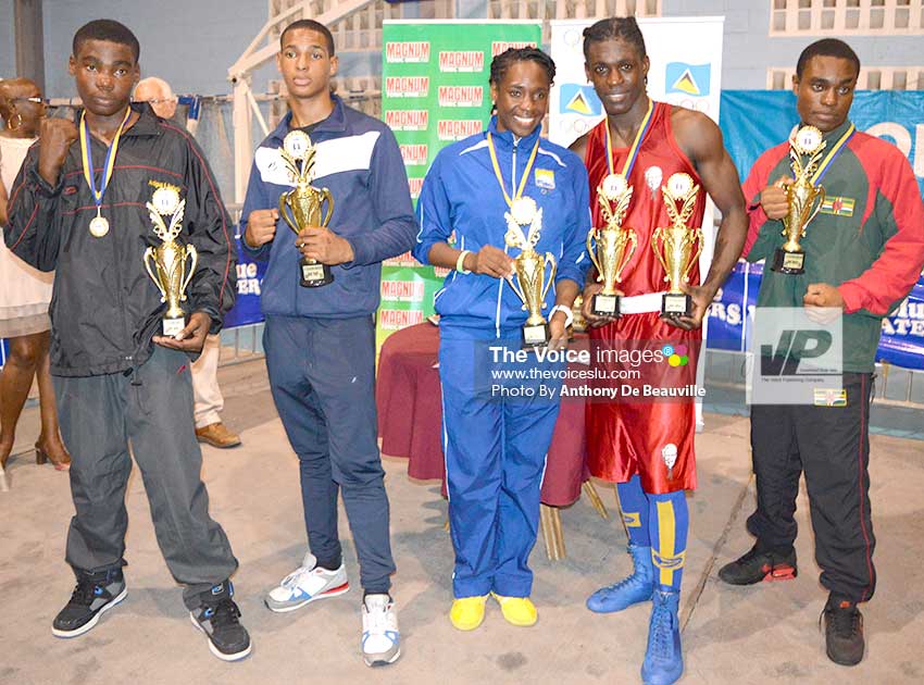 Image: Top boxers – Amor Spied (Antigua and Barbuda, Andy Norden (Martinique), Kimberly Gittens (Barbados), Lyndell Marcellin (Saint Lucia) and Nathaniel Joseph (Dominica). (Photo: Anthony De Beauville)