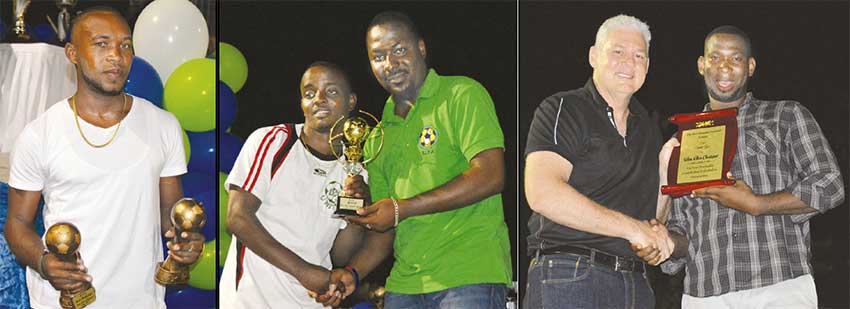Image: (L-R) Chad Flavius, Most Goals/Best Midfield Player (Green Monsters), Darwin Bideau receiving the MVP award from Kendall Emmanuel; District Representative for Micoud South Allen Chastanet receiving an award from Chairman of DFL Innocent St. Ange. (PHOTO: Anthony De Beauville)