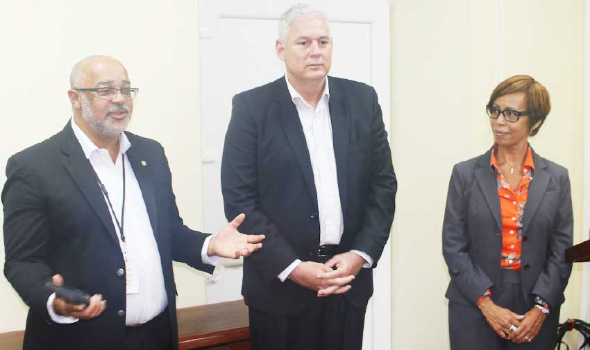 Image: (L to R) OECS Director General Dr. Didacus Jules, Allen M. Chastanet, Prime Minister of Saint Lucia and Gale Jean Baptise, Head of Human Resources address staff at the OECS Commission.