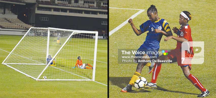 Image: Saint Lucia scores an own goal; Saint Lucia’s IllanaLashley (No. 9) and Bermuda’s Jaden Masters (No. 7) in a ball tussle early in the second half. (PHOTO: Anthony De Beauville)