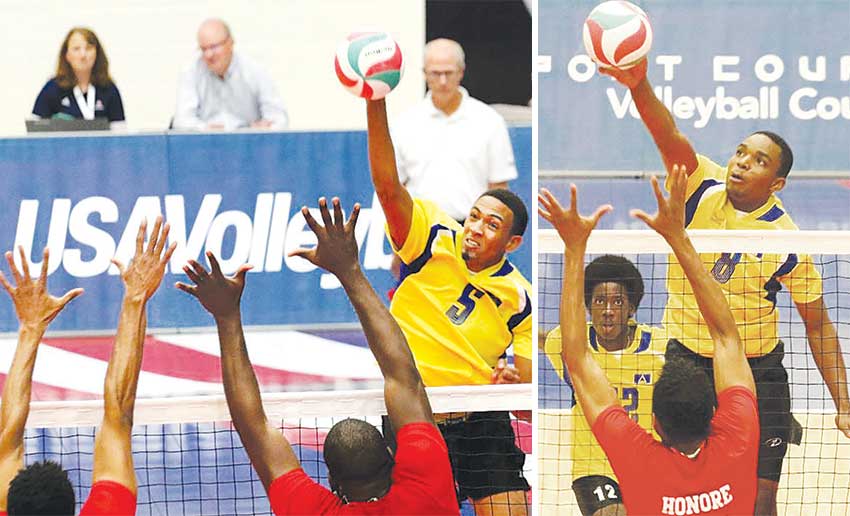 Image: (L-R) Saint Lucia’s Darnel Eudoxie and Sheldon Descartes in action against Trinidad and Tobago. (PHOTO: Norceca)