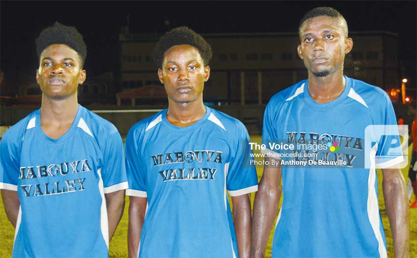 Image: (L-R) Mabouya Valley goal scorers versus Roseau Valley: Shervin Simon, Nicholas Leonty and Jan Sonson. (PHOTO: Anthony De Beauville)