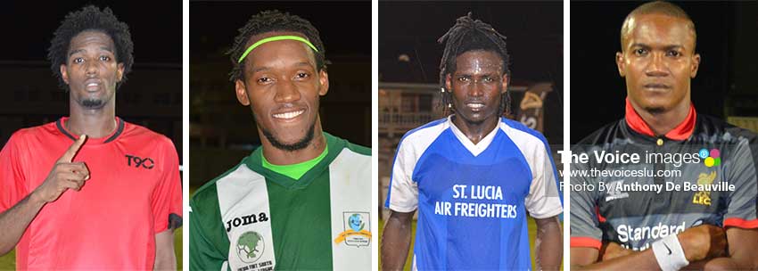 Image: (L-R) The four goal scorers who took their respective teams to the semifinal round: Andrus Joseph (Marchand), Gregson President (VFS), Troy Greenidge (Gros Islet) and Bradley Tisson (Canaries). (Photo: Anthony De Beauville)