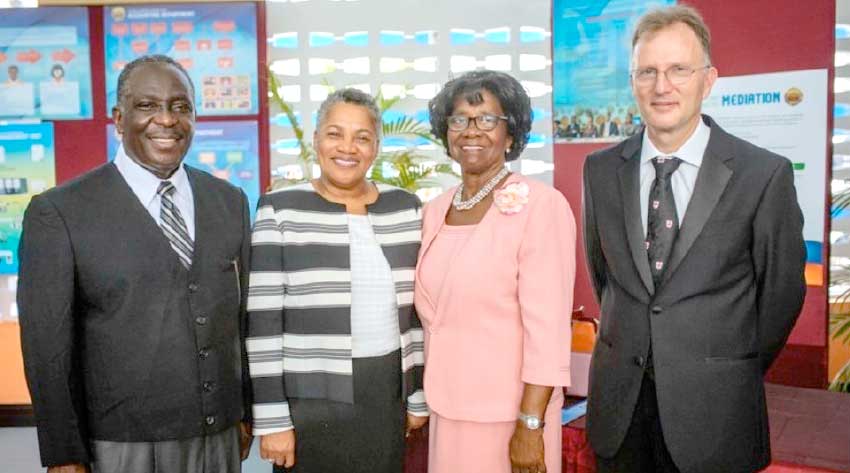 Pictured from L-R are: His Lordship the Hon. Justice K. Neville Adderley (High Court Judge (Ag), TVI Commercial Division); Her Ladyship the Hon. Dame Janice M. Pereira DBE, Chief Justice; Her Excellency Dame Calliopa Pearlette Louisy, Governor General of Saint Lucia; and His Lordship the Hon. Justice Gerard Wallbank, (High Court Judge (Ag), TVI Commercial Division).