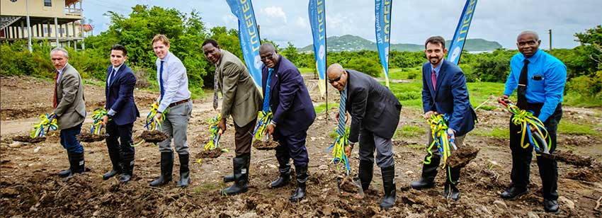Image: (Left to right: Marcel Alers, Head of Energy, United Nations Development Programme (UNDP); Carlos Loayza, Business Development Manager, GRUPOTEC; Justin Locke, Director of RMI-CWR Islands Energy Programme; Lenard Montoute, Acting Prime Minister & Minister for Equity, Social Justice and Empowerment; Stephenson King, Minister for Ministry of Infrastructure, Ports, Energy & Labour; Trevor Louisy, Managing Director, LUCELEC; Jesse Gerstin, Director of CCI Islands Energy Programme; Victor Emmanuel, Business Development Manager, LUCELEC.