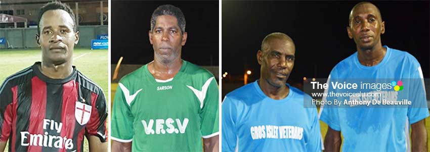 Image: (L-R) Anse la Raye goal scorer Mervin St. Croix (1); VFS Tryon Clarke saved the day for his team; and Gros Islet goal scorers Urban Augustin (1) and Roger Celestin (1). (PHOTO: Anthony De Beauville)