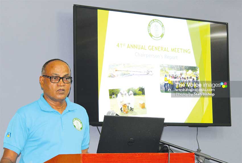 Image of SLNT Director, Bishnu Tulsie addressing Trust members at last Saturday’s AGM. [PHOTO: Stan Bishop]