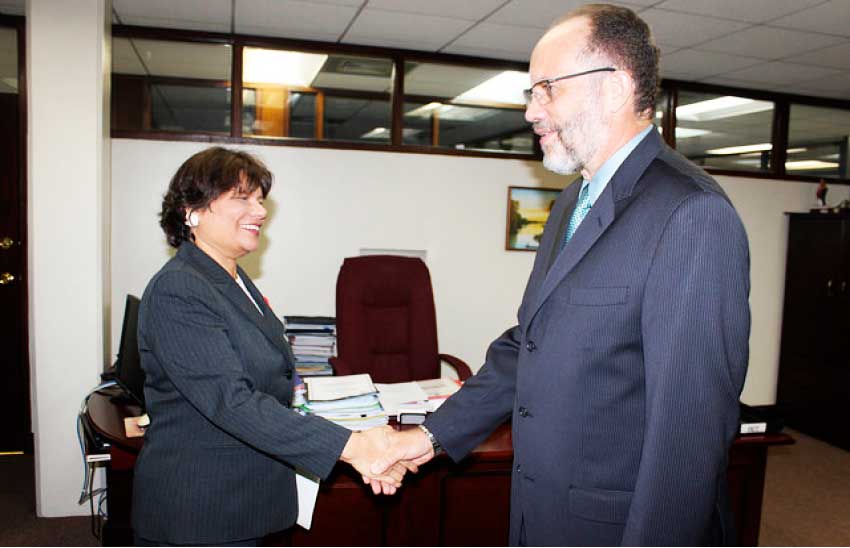 Image: CARICOM Secretary-General Ambassador Irwin LaRocque welcomes Canada’s new Ambassador to CARICOM Lilian Chatterjee.