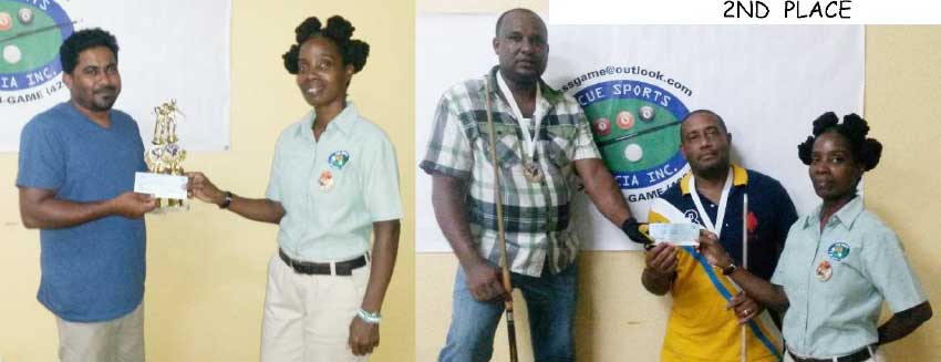 Image: (L-R) Champion Sunil John receiving his trophy and prize money; Gary Khadoo and Selwyn Surage receiving prize money from a CSSI representative. (Photo: CSSI)