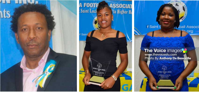 Image: (L-R) SLFA President Lyndon Cooper; Junior and Senior female footballers of the year Britannia St. Prix and MakeshSavery. (Photo: Anthony De Beauville)