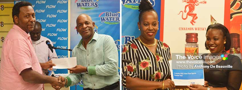 Image: (L-R) SLFA President Lyndon Cooper receiving the overall cheque from Blackheart CEO, David Christopher; Best Manager, Shernell St. Louis, receiving an award from a Blackheart representative. (PHOTO: Anthony De Beauville)
