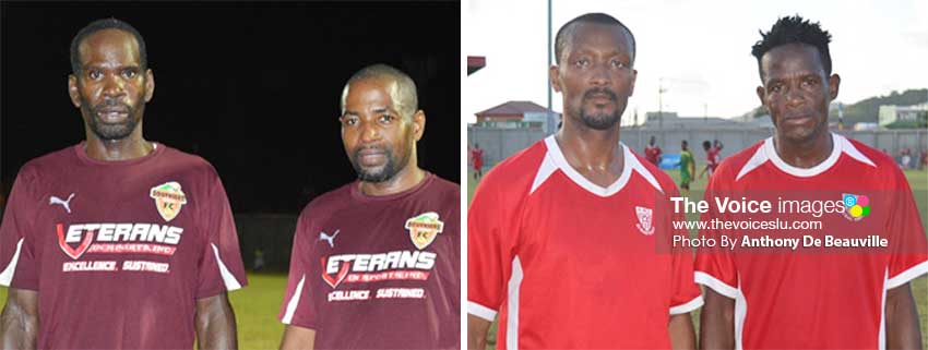 Image: (L-R) Soufriere goal scorers Jerome Serville (1) and Chester Francois (1); Dennery goal scorers Mark Francis (2) and Hendrickson Collymore (1). (PHOTO: Anthony De Beauville)