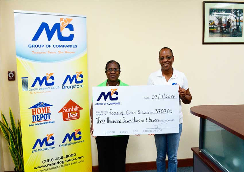 (In photo, from left to right): Stevie Theophane of M&C Group of Companies presenting a cheque to Paula Alfred representing Faces of Cancer.