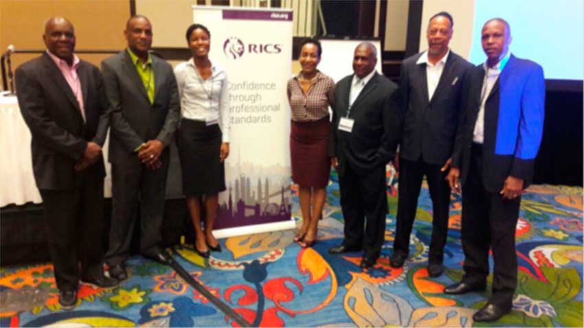 Image: Tedburt Theobalds, Andre Mathurin, Marissa Justin, Theresa Alexander-Louis, Rufinus Baptiste (ISSL President), Celsus Baptiste and Winsbert Felix at the RICS/IPTI Conference in Trinidad & Tobago.