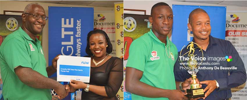 Image: (L-R) VFS Emmanuel Belasse receiving the Best Coach award from a Blackheart representative; MVP of the tournament, Vino Barclette, receiving his award from FLOW representative, Terry Finisterre. (PHOTO: Anthony De Beauville)