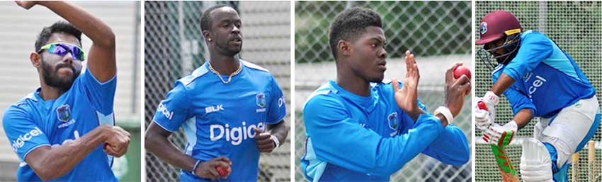 Image: (L-R) DevendraBishoo, Kemar Roach, Alzarri Joseph and Sunil Ambris. (PHOTO: CWI/ Phillip Spooner)