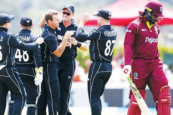 Image: Doug Bracewell found Chris Gayle’s outside edge off his first ball, New Zealand versus West Indies, 1st ODI, Whangarei, December 20, 2017. (PHOTO: Getty Images)