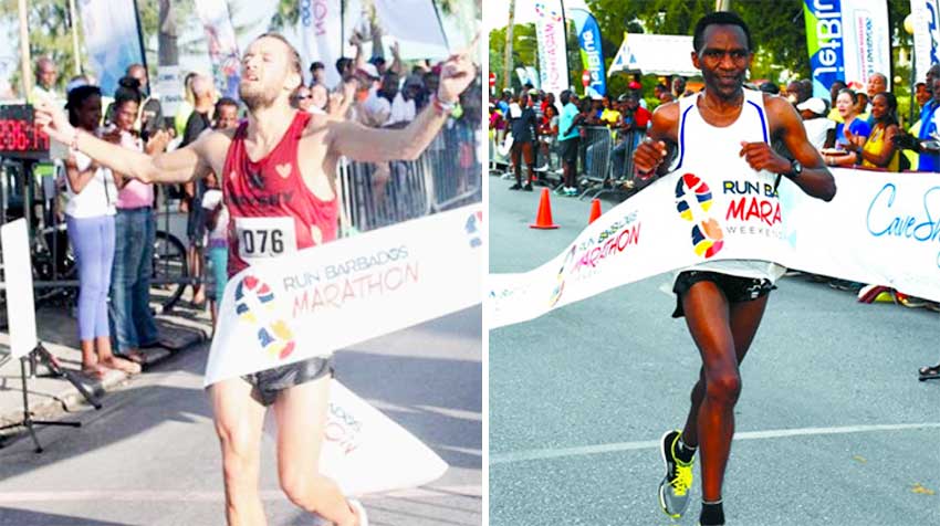 Image: (L-R) First-timer, Paul Schmidt, who crossed the line in 2 hours, 36 minutes and 13 seconds; Jean Habarurema of France set a blistering return leg of the Cave Shepherd VISA Credit Card 10K on Saturday to finish well ahead of pack.