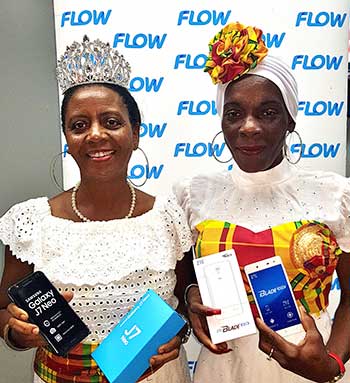 Image: La Wenn De La Wenn winners, Angela Simon, left, and Fredricka St. Croix, with their new phones from Flow.
