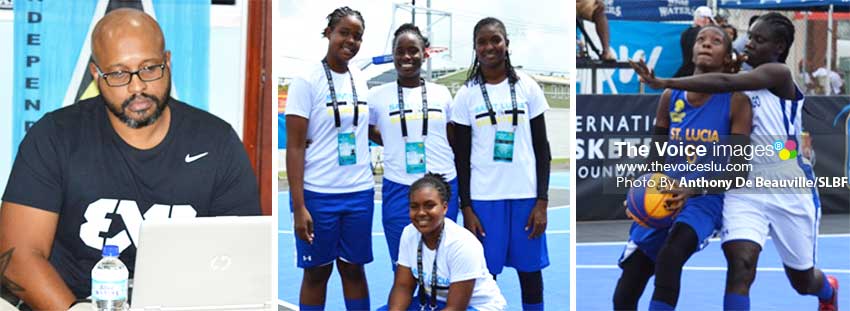 Image: (L-R) SLBF President Leslie Collymore; Team Saint Lucia’s 3x3 female team; Saint Lucia’s Ramani Lewis–Emmanuel (#6) in action against Trinidad and Tobago. (PHOTO: Anthony De Beauville/SLBF)